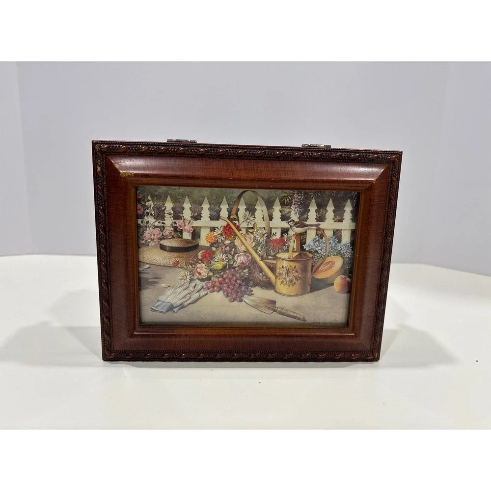 Cottage Garden Wood Music Box Sankyo Movement Garden Art Photo Frame Lid MB673